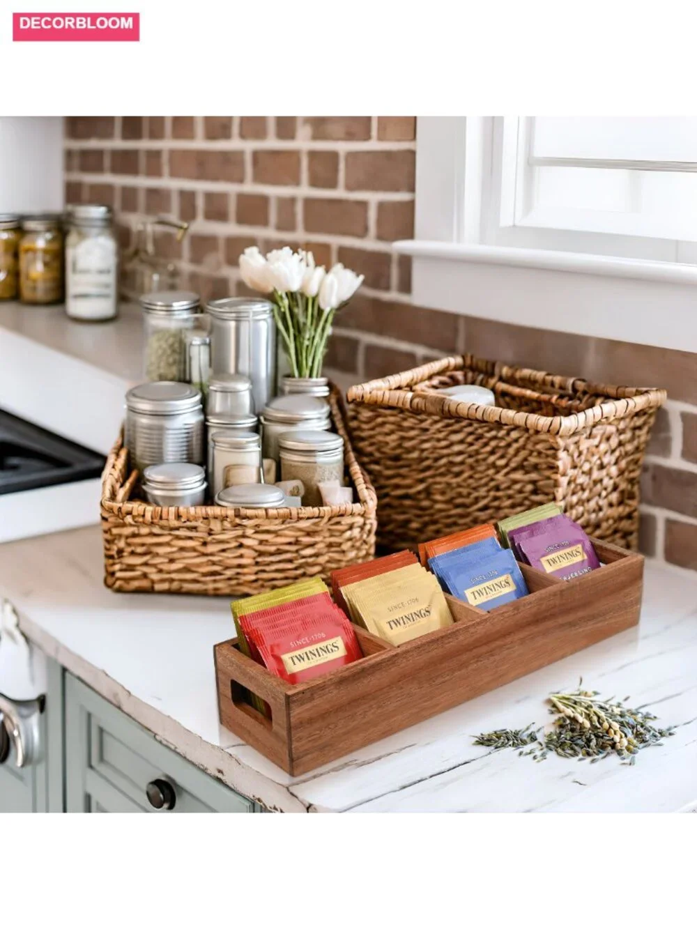 Acacia Wood Tea Bag Organizer with 4 Adjustable Slots – Handcrafted Tea Storage